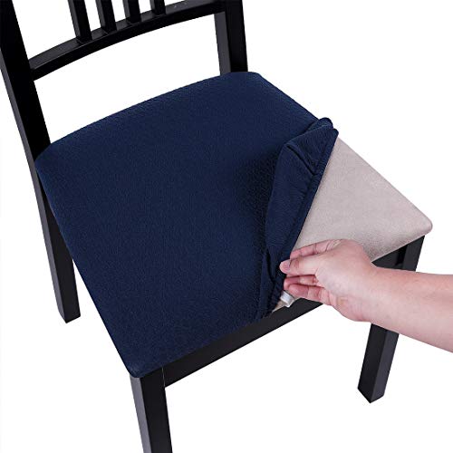 Top Brands Homaxy Premium Jacquard Dining Room Chair Seat Covers, Washable Spandex Stretch Dinning Chair Upholstered Cushion Cover, Waffle Slipcover Protectors with Ties - Set of 2, Navy Blue
