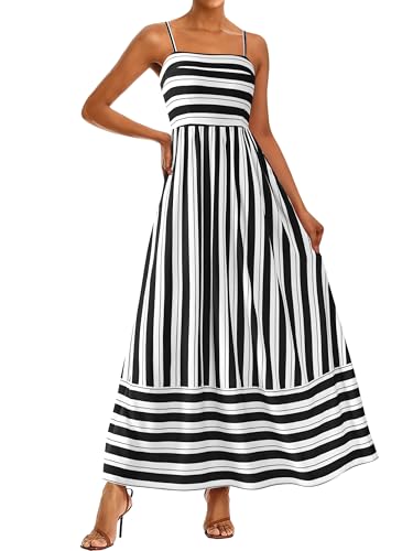 PRETTYGARDEN Women Summer Maxi Dresses 2026 Spaghetti Strap Boho Floral Striped Wedding Guest Beach Vacation Flowy Long Dress(Striped White Black,XX-Large)