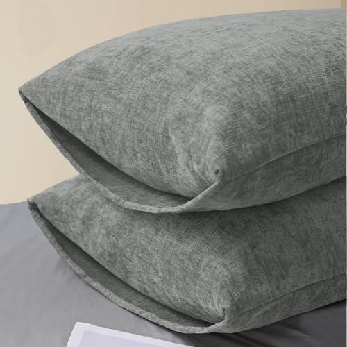 Image of CaliTime Pack of 2 Cozy Standard Pillow Shams Cases for Bed Bedding Decoration Solid Dyed Soft Chenille 20 X 26 Inches Medium Grey