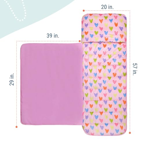 Image of Wildkin Kids Velour Nap Mat for Girls - Soft & Cozy Toddler Sleep Mat with Built-in Blanket for Daycare, Preschool, Kindergarten & Travel, Ages 3-7, Machine Washable - Pink Hearts
