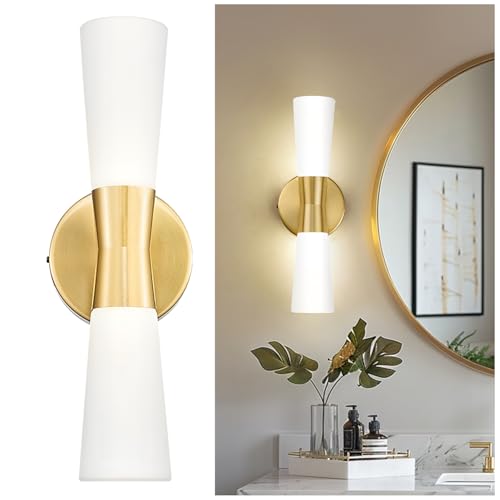 kudos Wall Sconces 16inches Gold Vanity Light Fixtures, Modern Sconces Wall Lighting with Milk White Glass, Dimmerable 3000K/4000K/5000K for Bathroom Bedroom, KDVL13-GD
