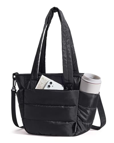 BAGSMART Lunch Bag Women Small Insulated Tote with Lunch Compartment Quilted Lightweight Puffy Tote Bag for Work, Travel, Outdoor, Black