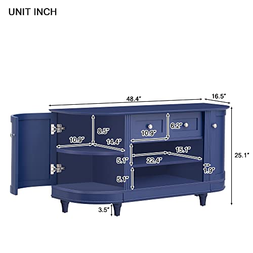 Modern Tv Stand For Tv Up To 65In With 2 Curved Doors And 2 Drawers, Storage Cabinet Accent Buffet Sideboard With Adjustable Shelves, Multi-Functional Console Table For Living Room (Navy-Cur) #TOP2