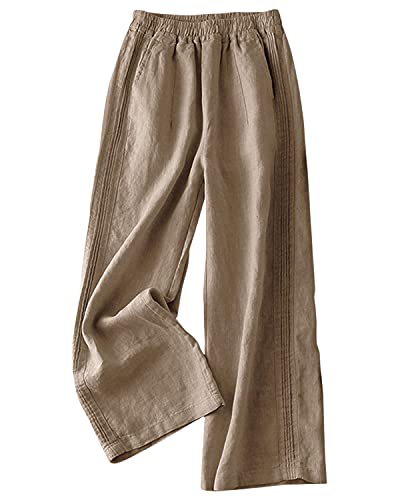 IXIMO Women's Linen Pants Elastic Pleated Wide Leg Straight Fit Palazzo Pants Dark Khaki XL
