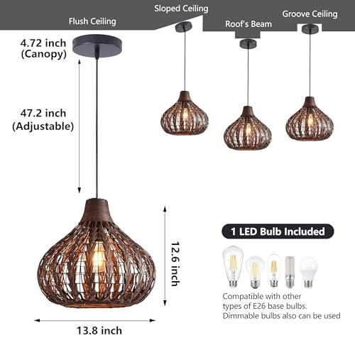 Bamboo Chandelier Handwoven Rattan Pendant Light Wicker Lamp Shade Ceiling Light Fixture Weave Hanging Light D13.8INCH, 12W 2700K Corn Bulb Included - Image 5