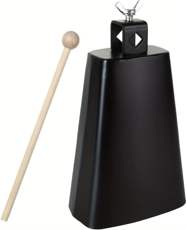 Metal Cowbell Noise Maker with Handle and Striker 7 Inch Large Metal Construction Black Finish Loud Clear Sound Rhythm Accessory for Sporting Atmosphere Performance Events