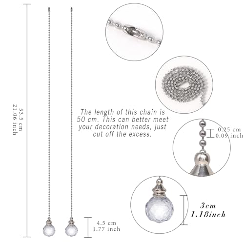 Image of Clear Crystal Prism Ball 30mm 2 Pieces Dazzling Crystal Ceiling Fan Pull Chain Pull Chain Extension with Connector for Ceiling Light Fan
