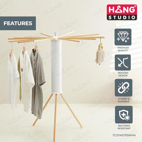Image of HANG STUDIO Foldable Cloth Dryer Stand Racks Cloth Stands for Drying Clothes Multi Way Folding Rotatable 3.9 Feet Drying Length 16 Drying Heavy Duty Solid Beech Wood Rails, Lightweight (TC21WD70WHA)