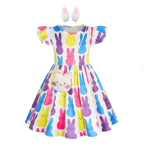 JBin Rich Daily Easter Christmas Toddler Dress Set for Girls 3-8T-Ruffled Sleeves with Hair Clips & Mini Crossbody Bag