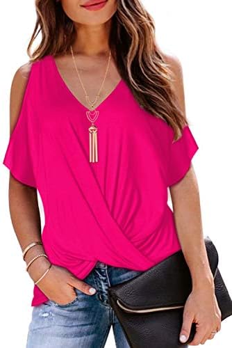 LEIYEE Womens Summer Cold Shoulder Tops V Neck Short Sleeve Sexy Casual Cute Front Knot T Shirts Loose Fit Blouse