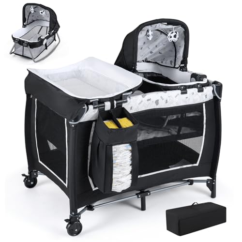 COSTWAY 5 in 1 Beistellbett Baby, Reisebett mit Matratze, Kinderreisebett inkl. Wickelauflage, Babywiege & Spieluhr, Stubenwagen mit Rollen, Babybett für Baby bis 36 Monaten (Beige)