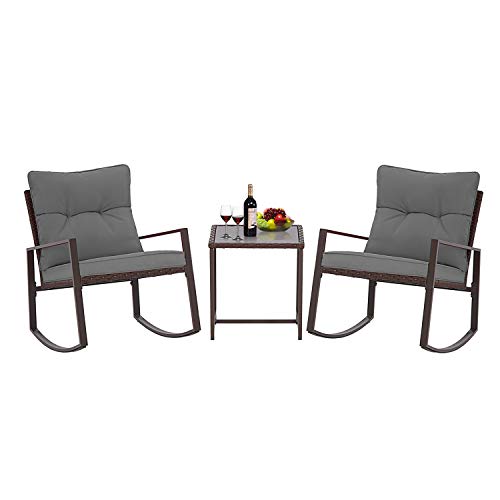 Betterland Patio Bistro Set 3-Piece Outdoor Rocking Chair Set Patio Furniture Set Brown Wicker with Two Chairs and Tempered Glass Coffee Table (Grey Cushion)