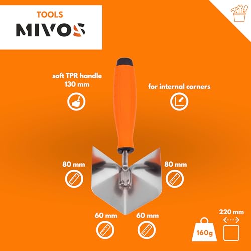 Mivos Corner Trowel Stainless Steel 80x60mm, Inner and Outer Edges, Soft Grip, Made in EU - Image 3