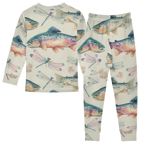 Pajama Sets Long Sleeve Fish Dragonfly Floral Background Soft Comfy Sleepwear 2 Piece PJS 3-8T3