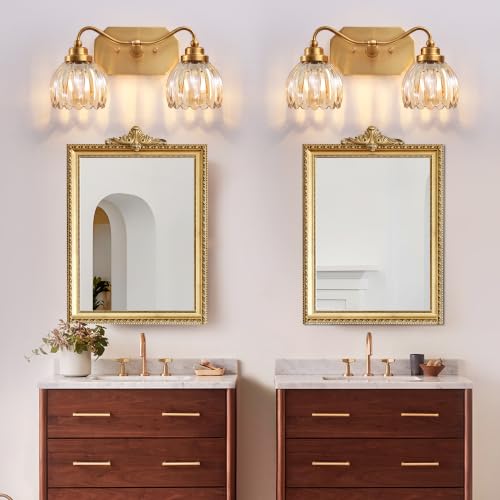 Image of Vintage Gold 2-Light Vanity Lights, Tulip Crystal, Antique Brass Finish | Brushed Gold Bathroom Light Fixtures, Amber Wall Sconce Ideal for Bedroom, Living Room, E26 Compatible, Easy Install