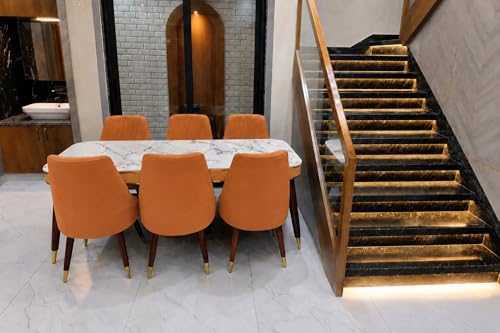 Image of WOODEN SPACE 6-Seater Wooden Dining Table Set | Nano Composite Marble Top | Solid Wood Base | Modern Dining Room Furniture with 6 Chairs (Mustard Frontline)