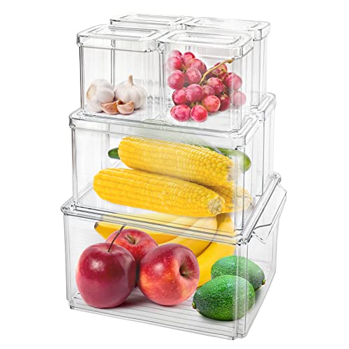 HPYLIF H Fridge Organiser Set of 7 (3 Sizes), Fridge Organisers Stackable,Set for Fridge, Kitchen, Cabinets, Cosmetics and Countertops BPA Free, 30x20 x14.5cm