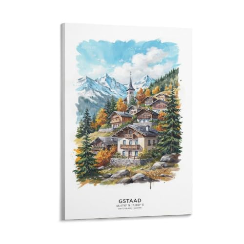 Poster de voyage Gstaad aquarelle vintage par AOJYLXE 50x75 cm
