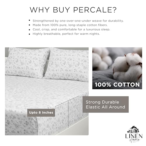 Image of Linen Home Cotton Percale Fitted Bedsheet Set King Size Floral Grey