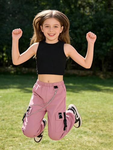 Image of Girls 2 Piece Outfit Set for Tween Girls, Sleeveless Crop Tank Top & Cargo Pants Jogger Set