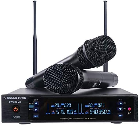 Sound Town Metal 200 Channels UHF Wireless Microphone System with 2 Handheld Microphones and Auto Scan, for Church, School, Outdoor Wedding, Meeting, Party and Karaoke (SWM26-U2HH)