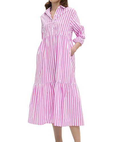Image of EZAPINE Womens Babydoll Striped Shirt Midi Dress Puff Long Sleeve Collared Button Tunic Flowy Swing Dresses