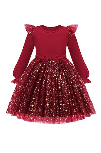 Image of Arshiner Toddler Girls Tulle Dresses with Bow Tie Fall Winter Long Sleeve Formal Party Dress 1-7 Y