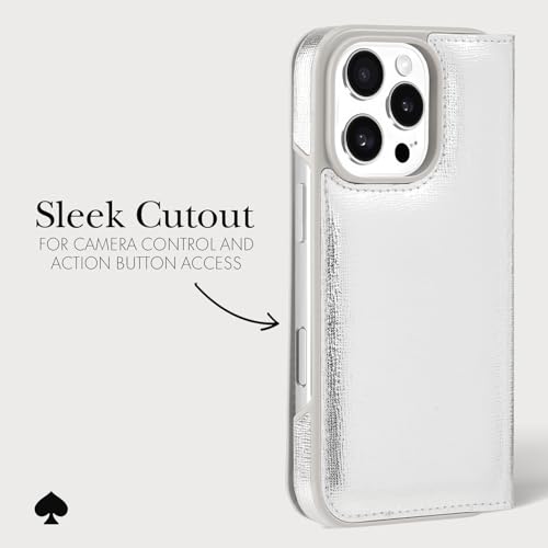 Image of kate spade new york Wallet Folio iPhone 16 Pro Case - Metallic Silver | Compatible with Wireless Charging - Designer Wallet Case for iPhone 16 Pro with Anti-Scratch Coating & Metallic Silver Design