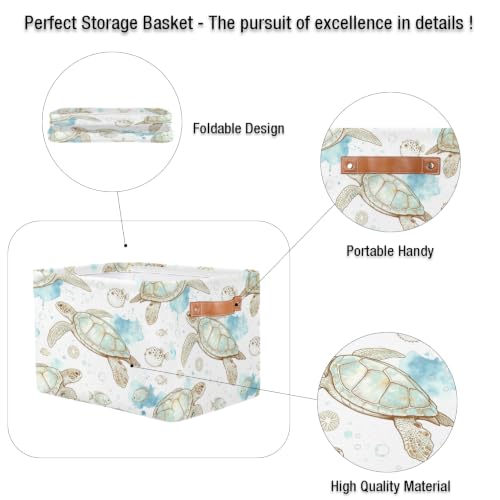 Image of Tropical Ocean Sea Animal Square Storage Basket, Fabric Storage Bin with Leather Handles Collapsible Storage Bin Nursery Hamper for Organizing Toys, Clothes, Books, Gift Baskets