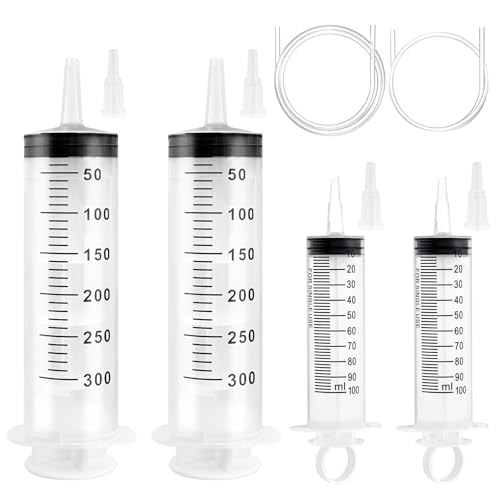 Grand Seringue en Plastique 100 ml et 300 ml, 4 Pièces Seringue Alimentaire Animaux, Seringues Doseuses avec Tuyau, Adaptées à l'industrie, à...