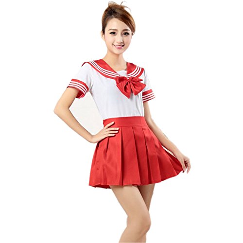 JJPUNK Schulmädchen Kostüm Dienstmädchen Cosplay Schülerin Outfit School Uniform Karneval Fasching (Small/Medium, ROT) Cover