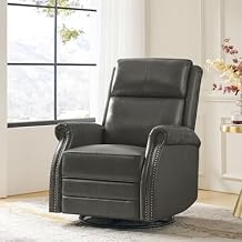 HULALA HOME Genuine Leather Swivel Rocker Recliner with Adjustable Backrest & Footrest, Manual Glider Recliner Chair with 360Swivel Base, Home Theater Sofa Armchair for Living Room Bedroom, Grey