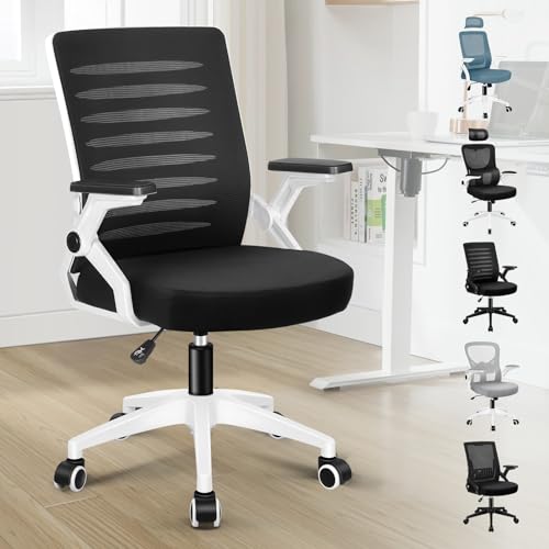 ELFORDSON Ergonomic Office Chair, Mid-back Swivel Desk Chairs for Home Office, Height Adjustable Mesh Computer Chair with 90° Flip-up Armrest and Padded Seat Cushion, Black & White