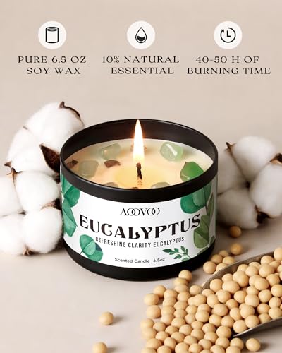Image of AOOVOO 2 Pack Eucalyptus Mint Candles - Aromatherapy Candle with Crystals & Eucalyptus Leaves, 13oz 100 Hours Long Lasting, Non Toxic Soy Candle for Home Spa Relaxation Meditation Yoga