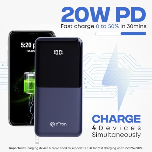 Image of pTron Dynamo Power 20000mAh 22.5W Super Fast Charging, USB Type-C Input Power Bank with Quick Charge & 20W Power Delivery, Built-in Charging Cables, 4 Outputs, Type-C Input /Output Port (Indigo Blue)