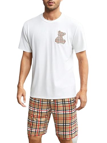 WDIRARA Men's Sleepwear Bear Print Round Neck Short Sleeve Top and Plaid Shorts Pajama Set