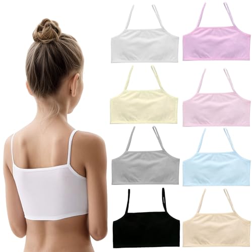 Image of Hocklliy 8 Pack Crop Tops for Girls, Cotton Sports Bra Soft & Comfortable First Bras for Kids Teens Ages 8-12