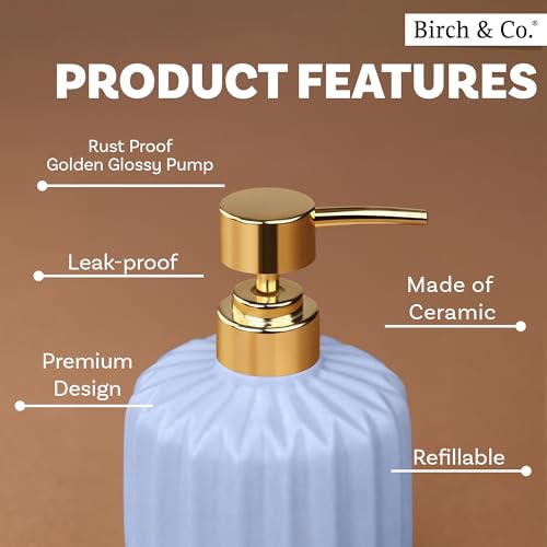 Image of Birch & Co. Ceramic Soap Dispenser For Wash Basin - Handwash Dispenser Bottle - Leak-Proof Design With Silver Glossy BPA-Free Pump, Rivo, Blue,Soapdispenser Rivo Blue