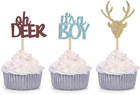Oh Deer It's A Boy Cupcake Toppers for Male Baby Shower Party Decorations (24 Counts)