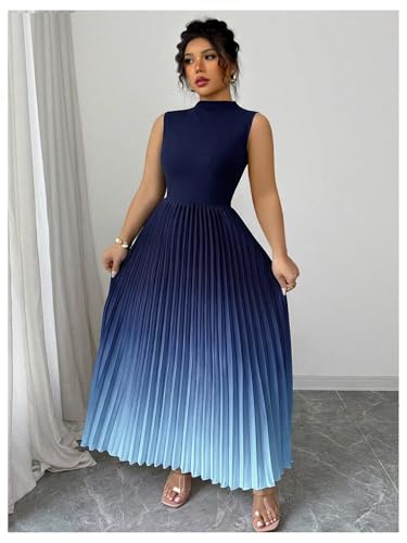Image of SOLY HUX Women's Plus Size Summer Ombre Sleeveless Flowy Maxi Dress | Birthday, Pleated A Line, Mock Neck, Formal Outfits,Cocktail, Wedding, Graduation
