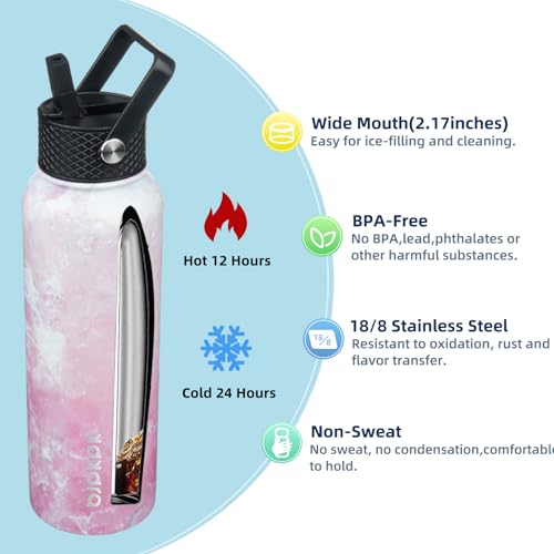 Image of BJPKPK 2 Pack 40oz Insulated Water Bottles with Straw Lids, Stainless Steel