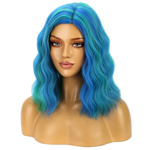 Image of BERON Green and Blue Wigs for Women Girls Short Curly Wavy Hair Wig Colored 14 inch Body Wave Halloween Cosplay Daily Party Wigs
