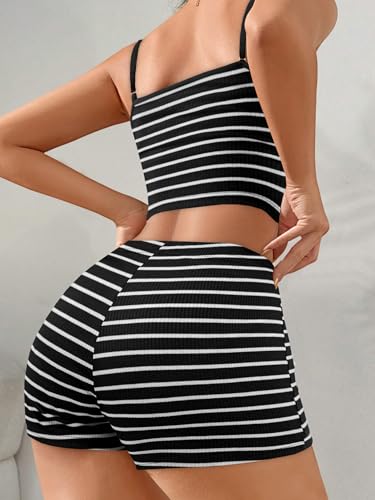 Image of Hilinker Womens Graphic 2 Piece Pajama Set Summer Cute Crop Cami and Shorts Ribbed Lounge Sets