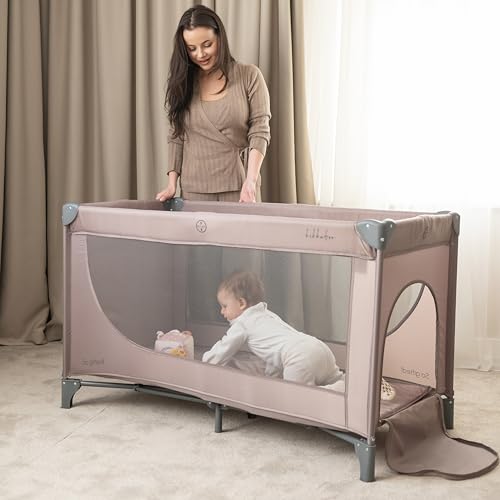 Image of KikkaBoo So Gifted Compact Folding Baby Umbrella Bed, Lightweight Travel Cot 120 x 60 cm, Up to 15 kg, Without Mattress, Carry Bag Included, Dark Beige, Cot