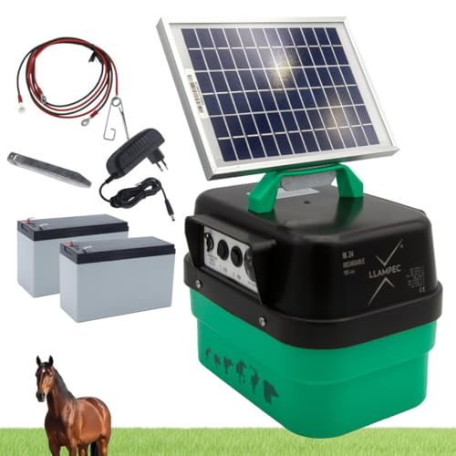 Llampec Pastor Eléctrico Solar 24S con 2 Baterías 12 V 7Ah y Panel Solar Incluidos – 3,5 J - 10.000 V - 35 km de Alcance – Cerca Eléctrica Para Ganado, Caballos, Ovejas y Perros – Fabricado en España