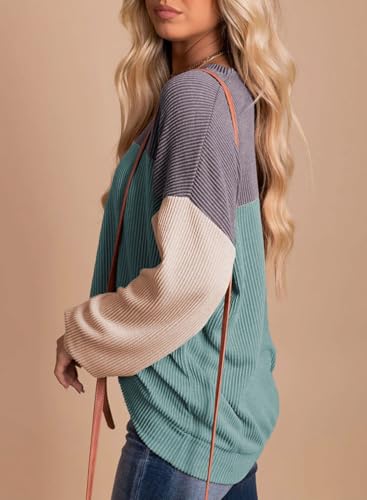 Image of Dokotoo Womens Tops Fashion 2026 Color Block Long Sleeve Shirts for Women Crewneck Knitted Casual Loose Blouses