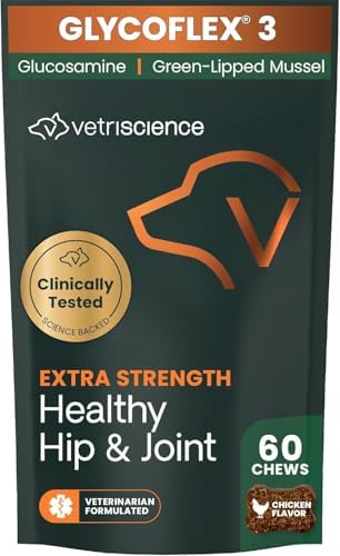 VetriScience Extra Strength Healthy Hip & Joint Chews, GlycoFlex Glucosamine and Green-Lipped Mussel Joint Support Supplement for Dogs, Promote Mobility & Soothe Joint Discomfort, Chicken, 60 Count