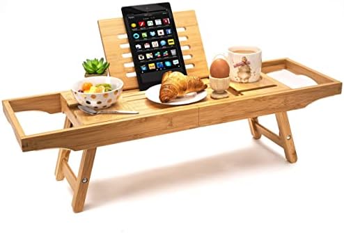 CORAZON HOME Luxury Bamboo Bath Tray - Wooden Bathtub Caddy and Breakfast Tray with Ipad/Tablet Holder - Phone Holder and Wine Glass slot- Candle/Glass Holder - Bath Shelf - Perfect Bathroom Accessory