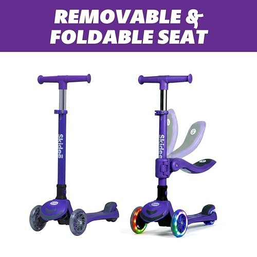 Image of SKIDEE Kick Scooter for Kids Ages 3-5 | Foldable 3 Wheel Scooter with Lean-to-Steer, Adjustable Height, Removable Seat & LED Light Wheels | Toddler Scooter Up to 12 Year Old Boys /Girls
