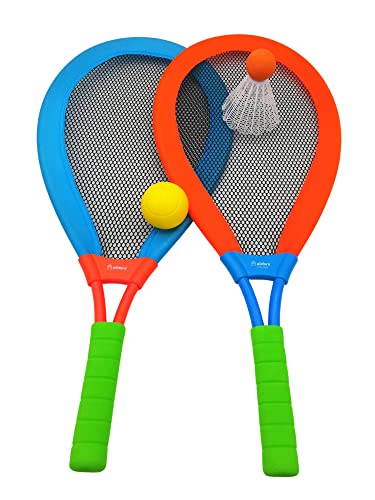 alldoro 60050 XXL Softball Spiel Set mit Ball, Federball, 2 Schläger, 4 tlg., 75 x 35 cm, bunt für Kinder und Erwachsene